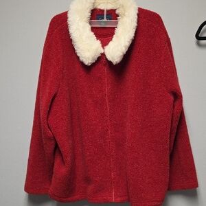 Denim&Co Red Teddy Jacket with Cream Collar